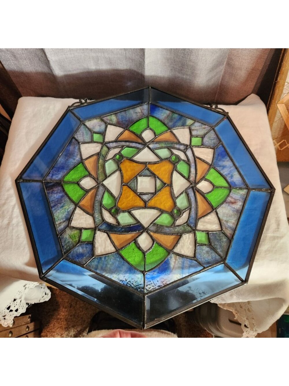 Vintage Octagonal Stained Glass Panel With Beveled & Textured Glass Vibrant Geom